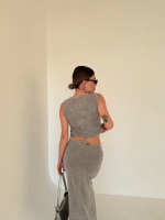 Uzun Etekli Önü Düğmeli Badi İkili Takım- Gri - Görsel 3