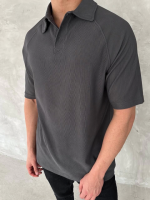 Yakalı Patlı Kısa Kol T-shirt - Antrasit - Görsel 3