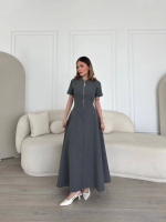 Kısa Kollu Önden Fermuarlı Çan Etekli Uzun Elbise - Antrasit - Görsel 2