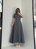 Kısa Kollu Önden Fermuarlı Çan Etekli Uzun Elbise - Antrasit - Görsel 3