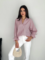 Arkası Asimetrik Yırtmaç Kesim Detaylı Cizgili Bluz Gömlek - Bordo - Görsel 3