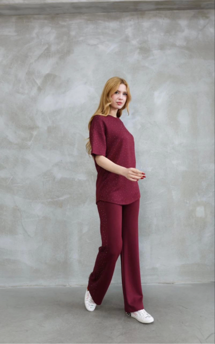 Osy Modal Yumuşak Dokulu Kumaş Bisiklet Yaka Taş Detaylı Kısa Kollu Takım - Bordo