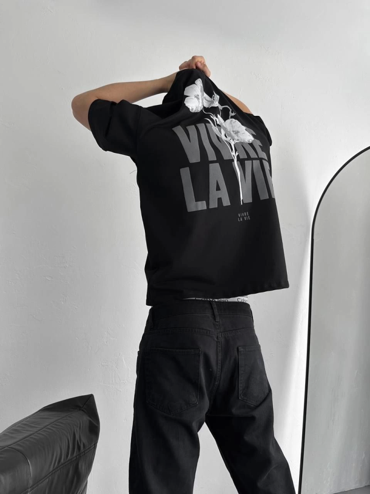 TY67fc2a1b4e45567fc2a1b4e457 Baskılı Oversize Bisiklet Yaka T-shirt - Siyah - Görsel 1