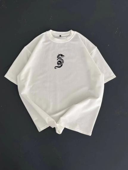 Baskılı Oversize Bisiklet Yaka T-shirt - Beyaz