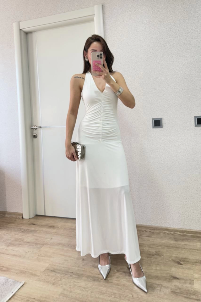 TY6801702ca2d3d6801702ca2d3f Sırt Dekolteli Uzun Kollu Elbise - Beyaz - Görsel 1