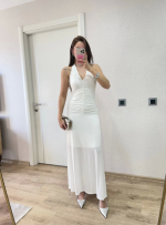 Sırt Dekolteli Uzun Kollu Elbise - Beyaz - Görsel 2