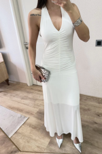 Sırt Dekolteli Uzun Kollu Elbise - Beyaz - Görsel 3