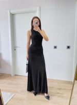 Kolsuz Büzgülü Uzun Elbise - Siyah - Görsel 2