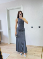 Kolsuz Büzgülü Uzun Elbise - Füme - Görsel 3