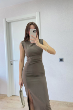 Yırtmaç Detaylı Kolsuz Elbise - Antrasit - Görsel 3