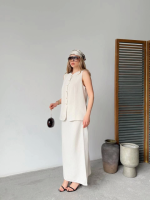 Keten Kolsuz Hırka Etek Ikili Takım- Beyaz