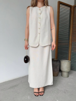 Keten Kolsuz Hırka Etek Ikili Takım- Beyaz - Görsel 3