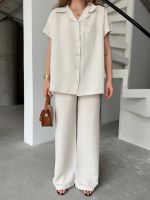 Keten Kısa Kollu Cepli Gömlek Pantolon Ikili Takım - Beyaz