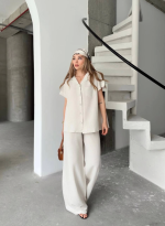 Keten Kısa Kollu Cepli Gömlek Pantolon Ikili Takım - Beyaz - Görsel 2