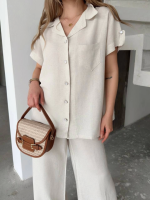 Keten Kısa Kollu Cepli Gömlek Pantolon Ikili Takım - Beyaz - Görsel 3