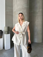 Keten Sıfır Kol Kuşaklı Ceket Pantolon Ikili Takım - Beyaz - Görsel 2