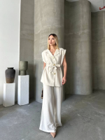 Keten Sıfır Kol Kuşaklı Ceket Pantolon Ikili Takım - Beyaz - Görsel 3