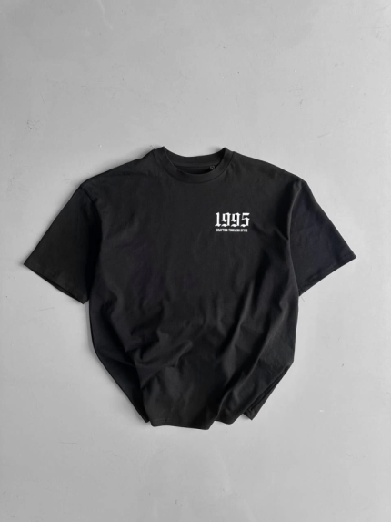 Baskılı Oversize Bisiklet Yaka T-shirt - Siyah