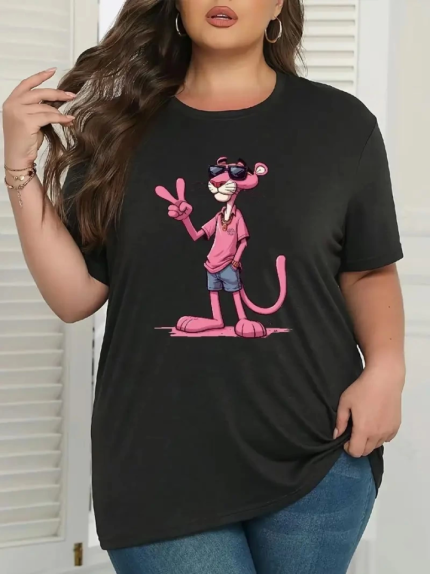 Pembe Panter Baskılı Oversize Bisiklet Yaka T-shirt - Beyaz