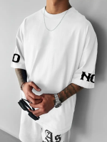 Baskılı Oversize Bisiklet Yaka T-shirt - Beyaz - Görsel 2