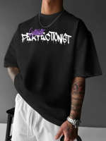 Baskılı Oversize Bisiklet Yaka T-shirt - Siyah - Görsel 2