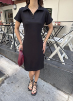 Osy Modal Yumuşak Dokulu Kumaş Yakalı Kısa Kollu Elbise - Siyah - Görsel 2