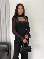 Kolları Şifon Göğüste İnci Boncuk Detaylı Bluz - Siyah - Görsel 3