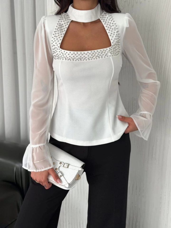 TY681293b6cb324681293b6cb327 Kolları Şifon Göğüste İnci Boncuk Detaylı Bluz - Beyaz - Görsel 1