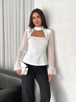 Kolları Şifon Göğüste İnci Boncuk Detaylı Bluz - Beyaz - Görsel 3