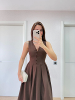 V Yaka Uzun Kolsuz Elbise- Kahverengi