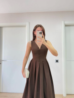 V Yaka Uzun Kolsuz Elbise- Kahverengi - Görsel 2