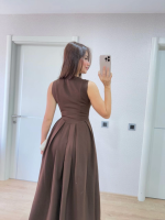 V Yaka Uzun Kolsuz Elbise- Kahverengi - Görsel 3