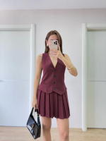 Takım Görünümlu Yelekli Mini Elbise- Bordo - Görsel 3