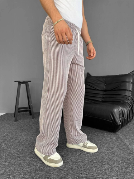 Su Yolu Çizgili Cepli Pantalon - Kahverengi