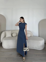 Keten Yandan Yırtmaçlı  Uzun Sıfır Kolsuz Elbise - Mavi - Görsel 2