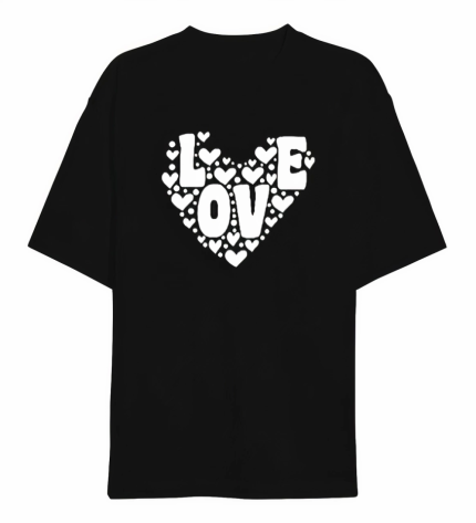 Sevgililer Günü İçin Özel Tasarım Love Kalp Baskılı T-shirt - Siyah