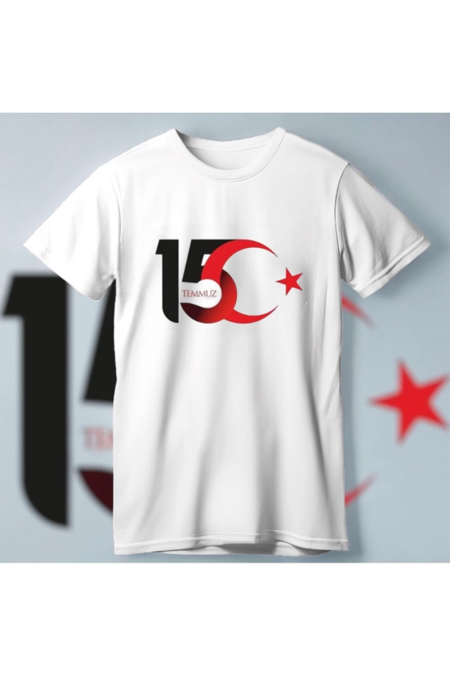 TY6828fdb3d76ab6828fdb3d76ad 15 Temmuza Özel Tasarım Ay Yıldız Baskılı T-shirt - Beyaz - Görsel 1
