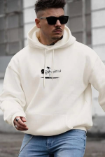 Erkek Baskılı Kapüşonlu Ve Kordon İpli Sweat - Beyaz - Görsel 2