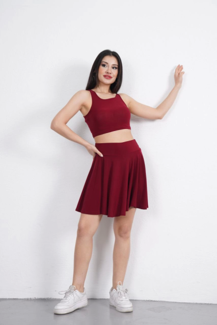 Sendy Kumaş Bisiklet Yaka Crop Şortlu Etek Ikili Takım - Bordo