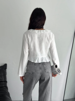 Keten Uzun Kol Bağacık Detaylı Bluz - Beyaz - Görsel 2