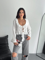 Keten Uzun Kol Bağacık Detaylı Bluz - Beyaz - Görsel 3