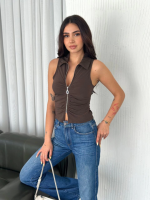 Yakalı Tam Fermuarlı Kolsuz Bluz - Kahverengi - Görsel 3