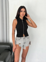 Yakalı Tam Fermuarlı Kolsuz Bluz - Siyah - Görsel 3