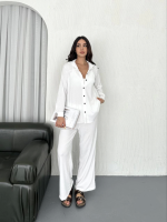Yakalı Düğmeli Uzun Kollu Gömlek Pantolon Ikili Takım - Beyaz - Görsel 2