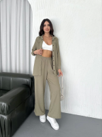 Yakalı Düğmeli Uzun Kollu Gömlek Pantolon Ikili Takım - Bej - Görsel 3