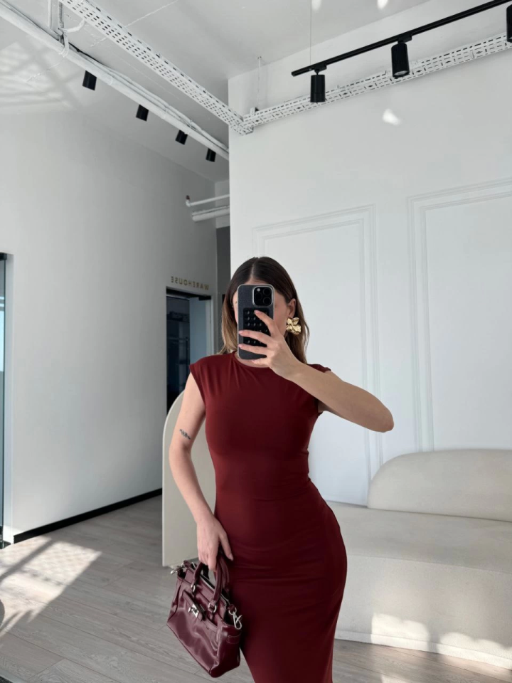 TY687968a84da37687968a84da39 Kolsuz Uzun Likralı Elbise - Bordo - Görsel 1