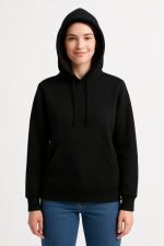 Üç İplik Kapüşonlu Kanguru Çepli SweatShirt Hoodie - Siyah - Görsel 3