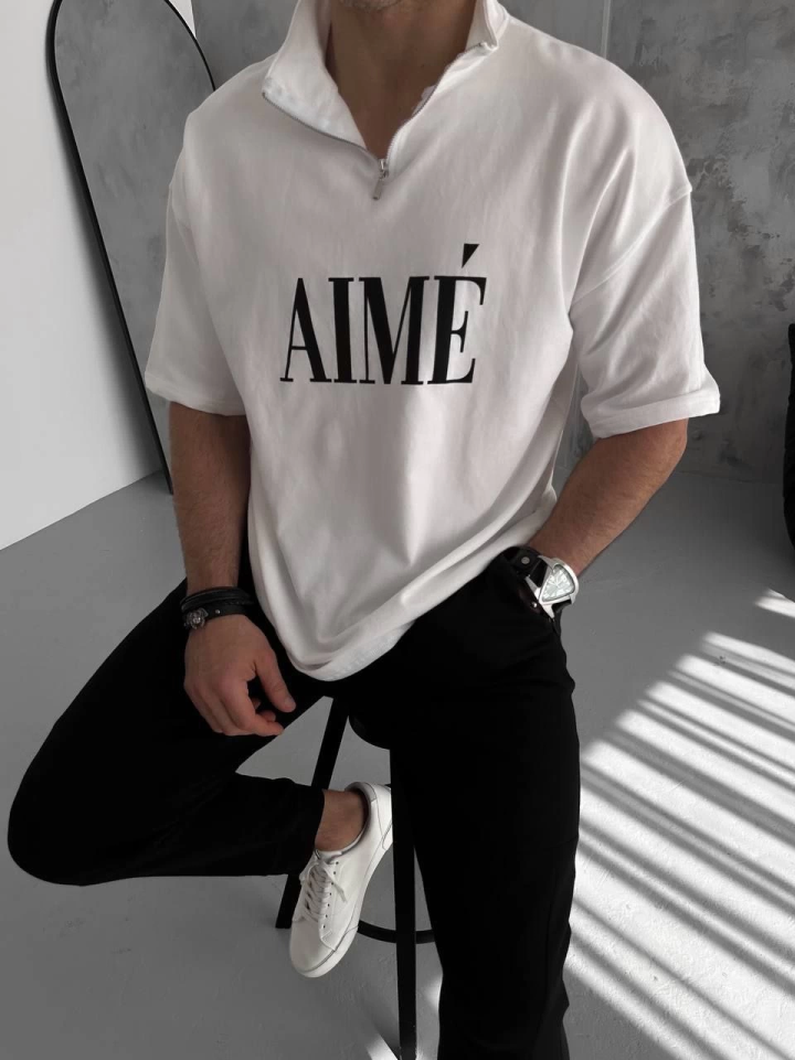 TY68d06b8e42c8a68d06b8e42c8c Unisex Yarım Fermuarlı Baskılı T-Shirt - Beyaz - Görsel 1