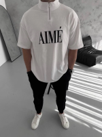 Unisex Yarım Fermuarlı Baskılı T-Shirt - Beyaz - Görsel 2