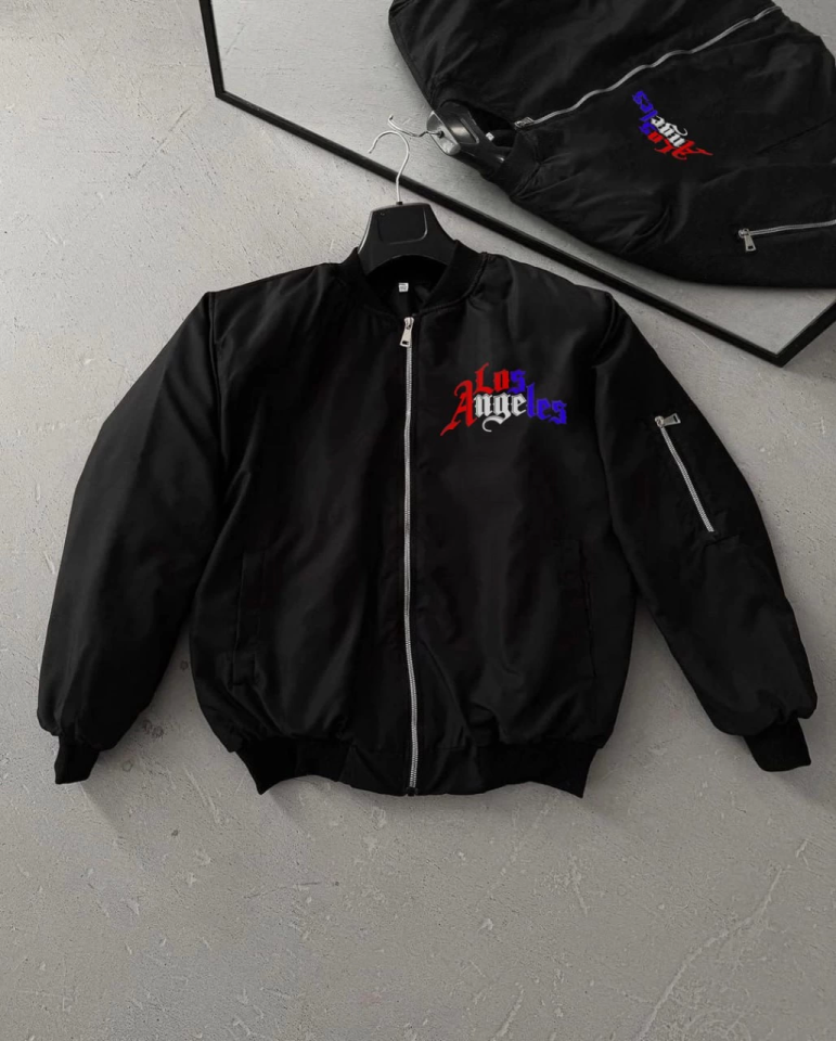 TY68d265e6912e568d265e6912e8 Tam Fermuarlı Uzun Kol Baskılı Bomber Ceket - Siyah - Görsel 1